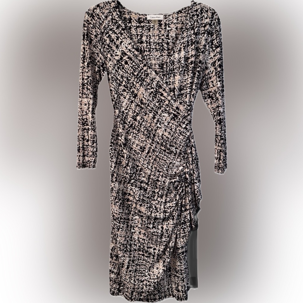 Calvin Klein Black, Pink and Beige Herringbone Print Ruched Wrap Dress